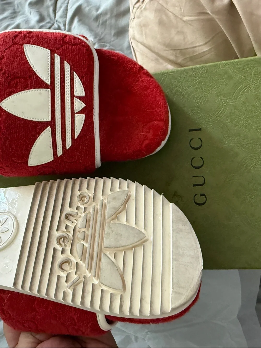 Gucci /adidas collab chunky Red Plush Slide Sandals with White Accents